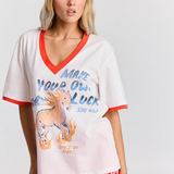 She's On Fire V-Neck White and Orange Tee