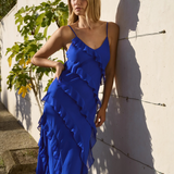 Galore Electric Blue Bias Ruffle Slip Maxi Dress