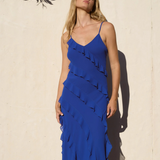 Galore Electric Blue Bias Ruffle Slip Maxi Dress