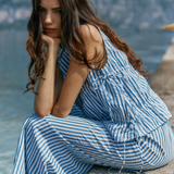 Aziza Gathered Tie Top (Blue/White Stripe)