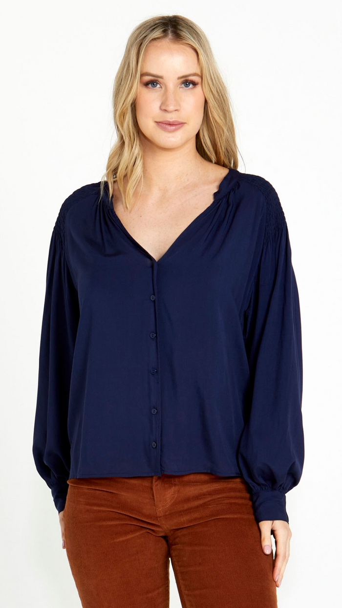 Brigitte Shirred Shoulder Top (Navy)