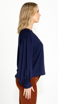 Brigitte Shirred Shoulder Top (Navy)