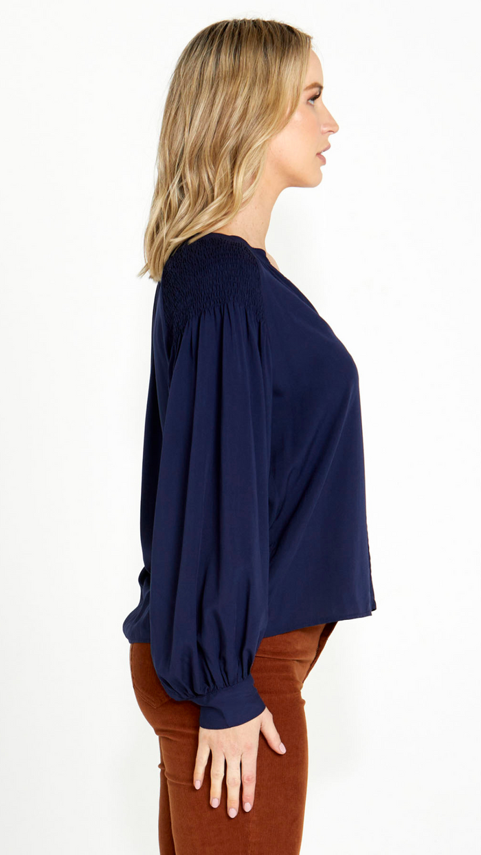 Brigitte Shirred Shoulder Top (Navy)