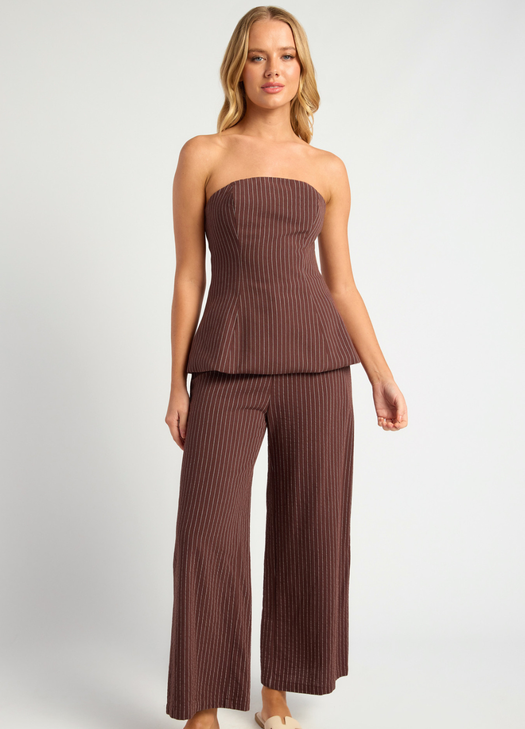 Pin Stripe Peplum Top & Pants Set (Chocolate)