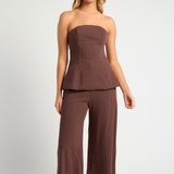 Pin Stripe Peplum Top & Pants Set (Chocolate)