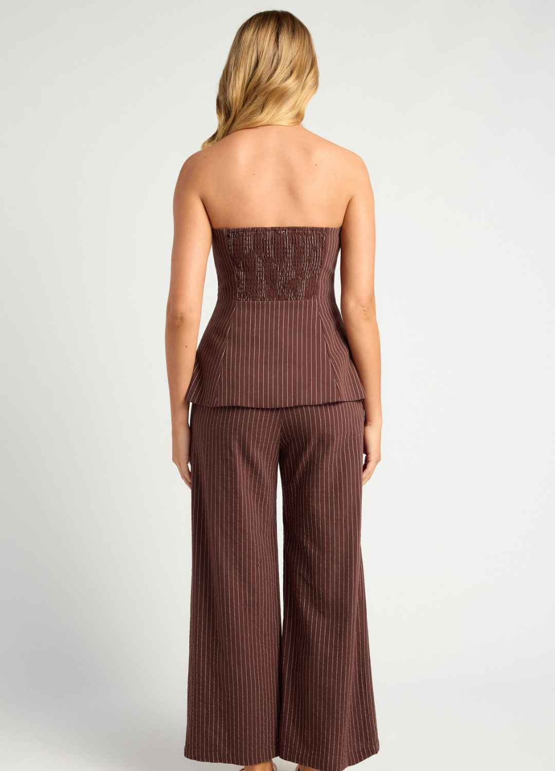 Pin Stripe Peplum Top & Pants Set (Chocolate)