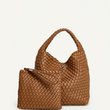 Angie Woven Vegan Leather Handle Bag + Pouch (Caramel)