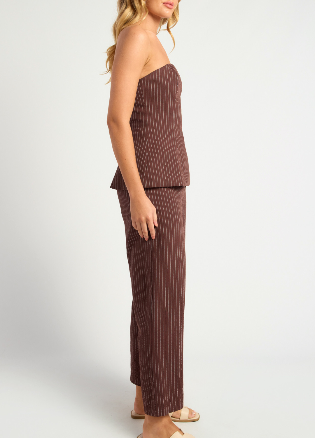 Pin Stripe Peplum Top & Pants Set (Chocolate)