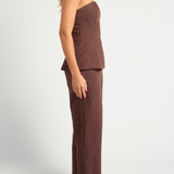 Pin Stripe Peplum Top & Pants Set (Chocolate)