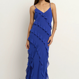 Galore Electric Blue Bias Ruffle Slip Maxi Dress