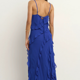Galore Electric Blue Bias Ruffle Slip Maxi Dress