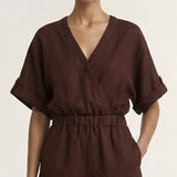 Rhodes Wrap Playsuit (Chocolate Linen Blend)